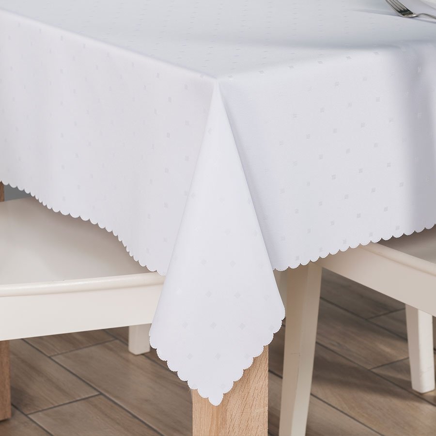 Obrus wodoodporny, prostokątny, biały ze wzorem kwadracików, wykończony chmurką, Mija, rozmiar: 140x200 cm