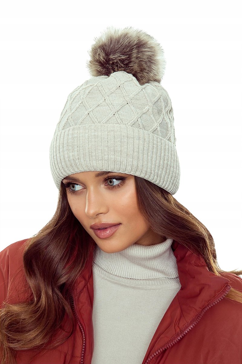 Stylowa Zimowa Czapka Damska Z Pomponem Ciepła Na Zimę Ocieplana Polarem