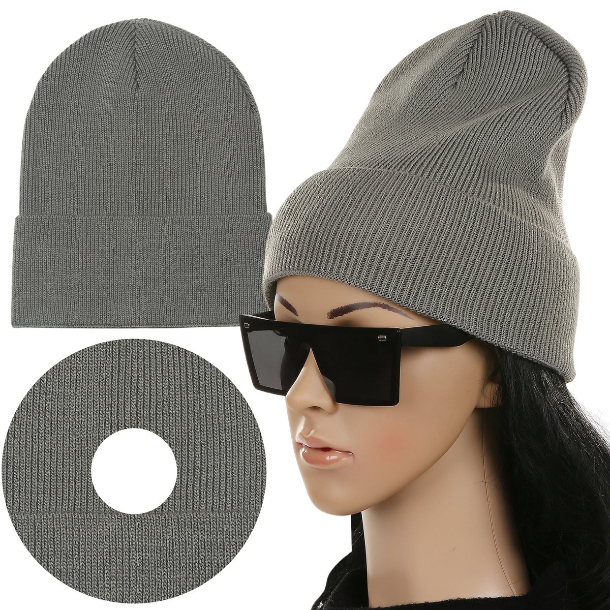 Czapka Damska Kobieca Beanie Wywijana Na Jesień Zimę Ciepła Stalowy Szary