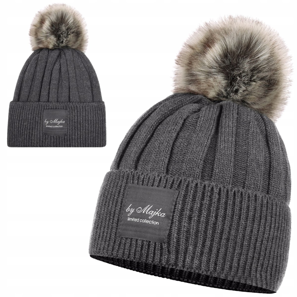 SZARA Czapka Damska z Pomponem Damska Zimowa CIEPŁA WYWIJANA MAJKA
