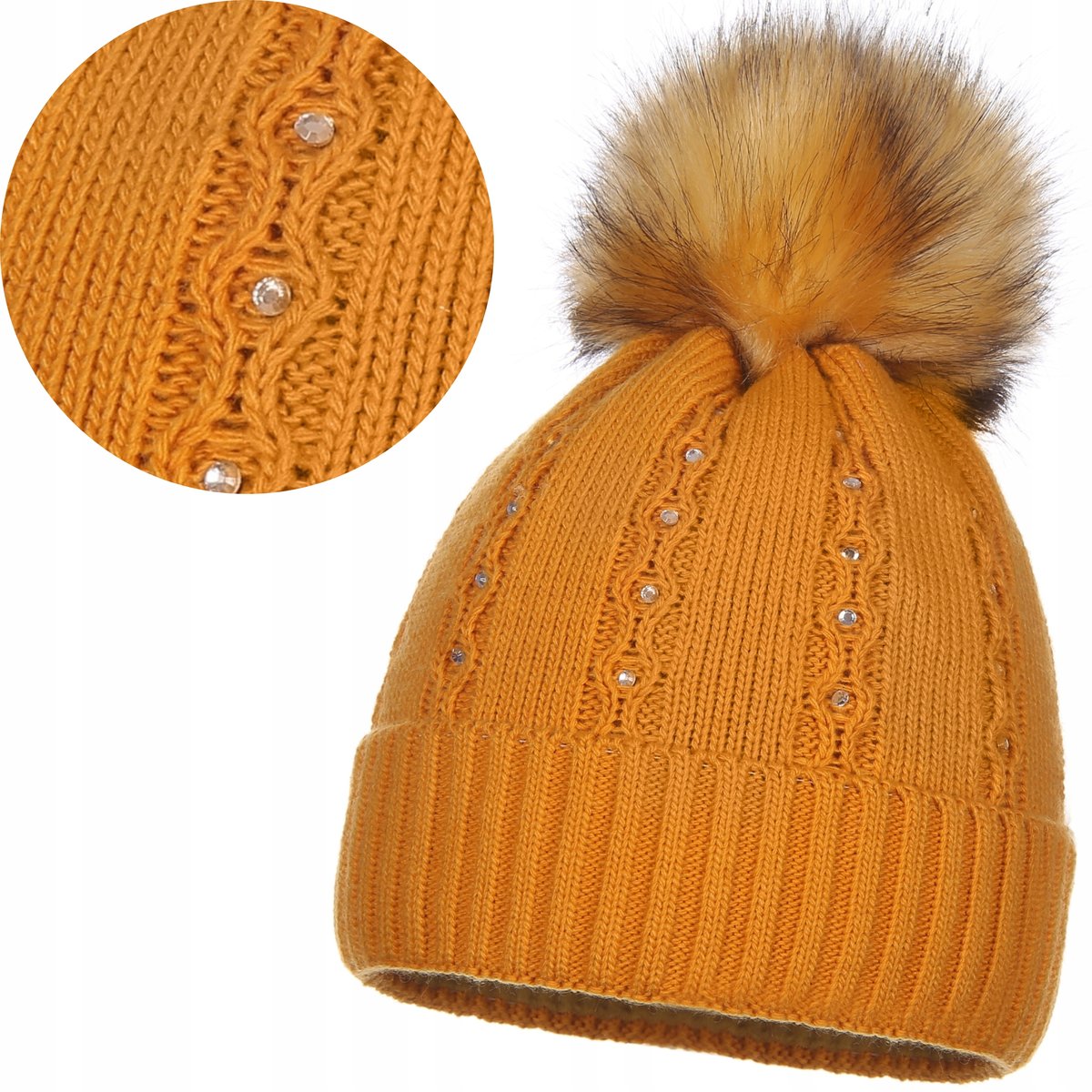 Czapka Zimowa Damska Ocieplana Z Pomponem Ozdobne Dżety Miodowa Żółta