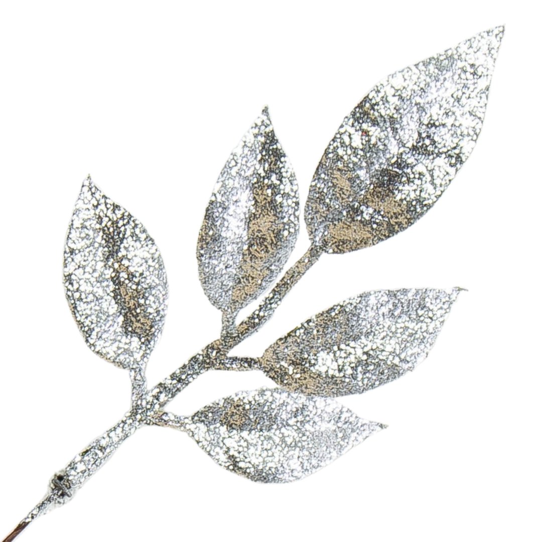 [68xb2002] Gałązka brokatowa z pięcioma listkami 22cm srebrna