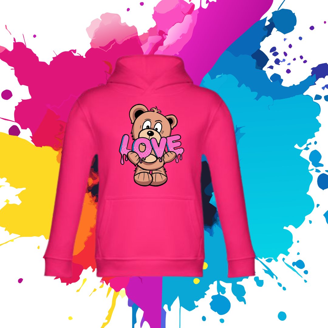 Bluza dziecięca typu kangurka z kapturem w kolorze różowym z nadrukiem miś Love 2 lata