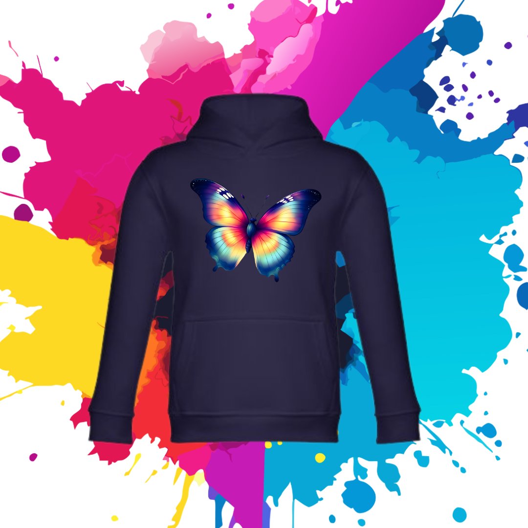 Bluza dziecięca typu kangurka z kapturem w kolorze granatowym z nadrukiem motylek 10 lat