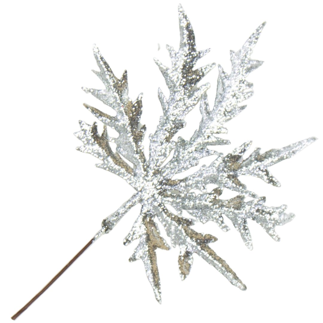 [68xb3902] Gałązka brokatowa liść duży srebrny 20cm