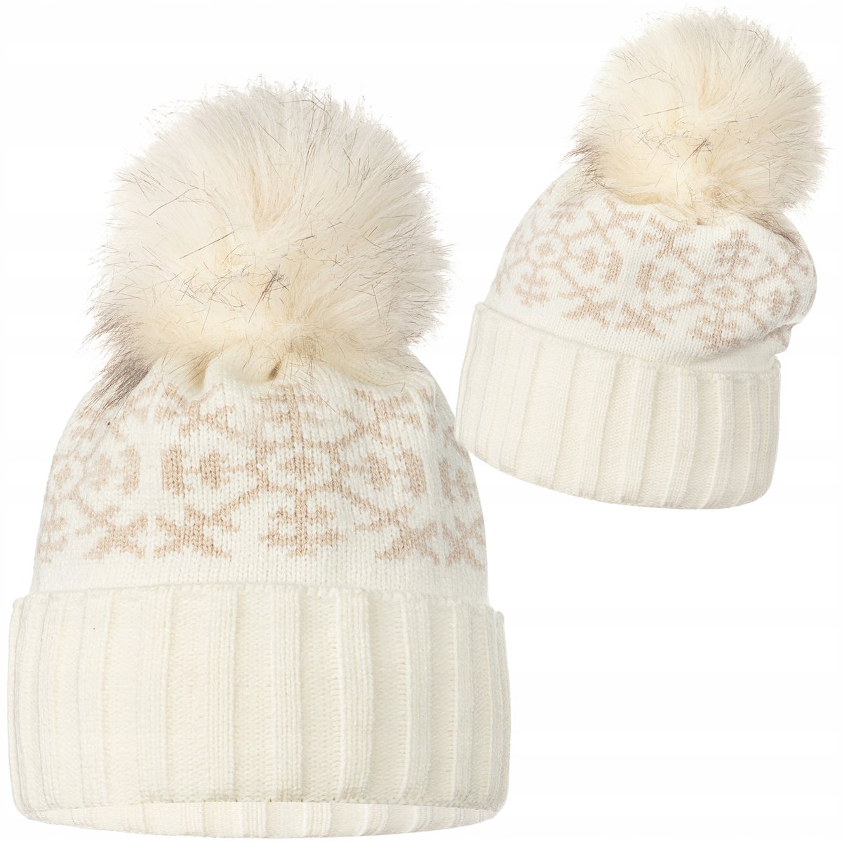 Ecru Damska Czapka Zimowa Z Pomponem Beżowe Śnieżynki Wywijana Majka