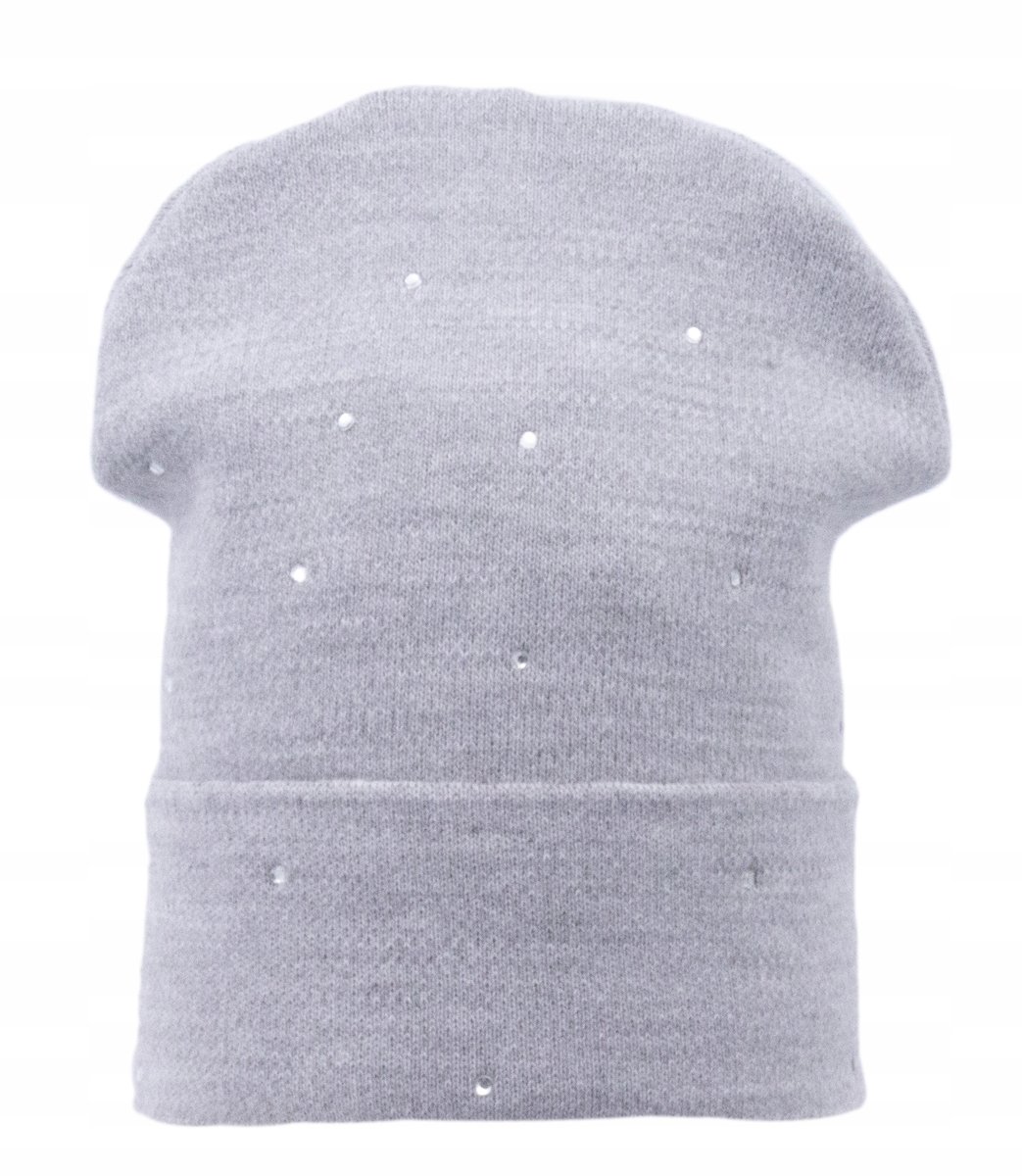 Czapka Damska Jesienna Zimowa Zdobiona Cyrkoniami Wywijana Szara