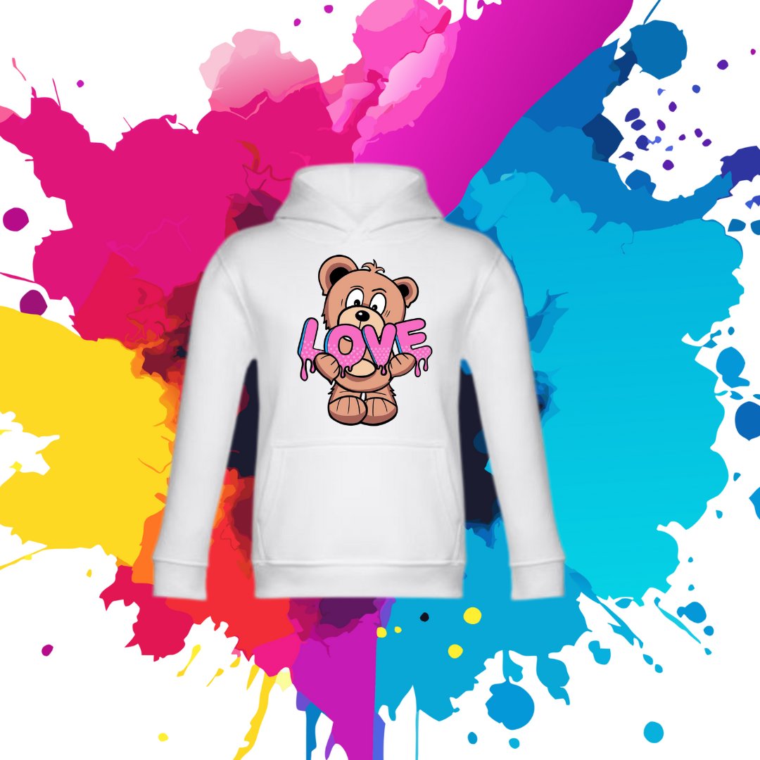 Bluza dziecięca typu kangurka z kapturem w kolorze białym z nadrukiem miś Love 4 lata