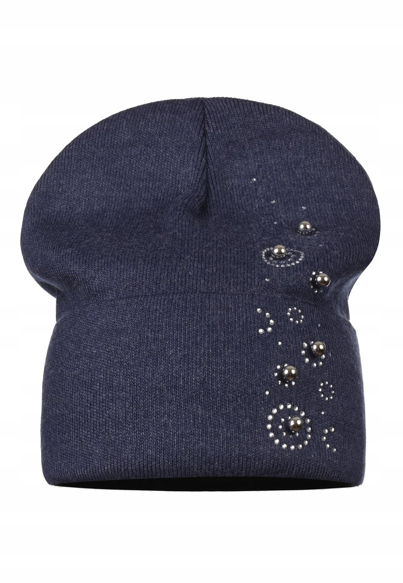 Damska Czapka Beanie Jesienna Zimowa Zimę Zdobiona Polska Marka Granatowa