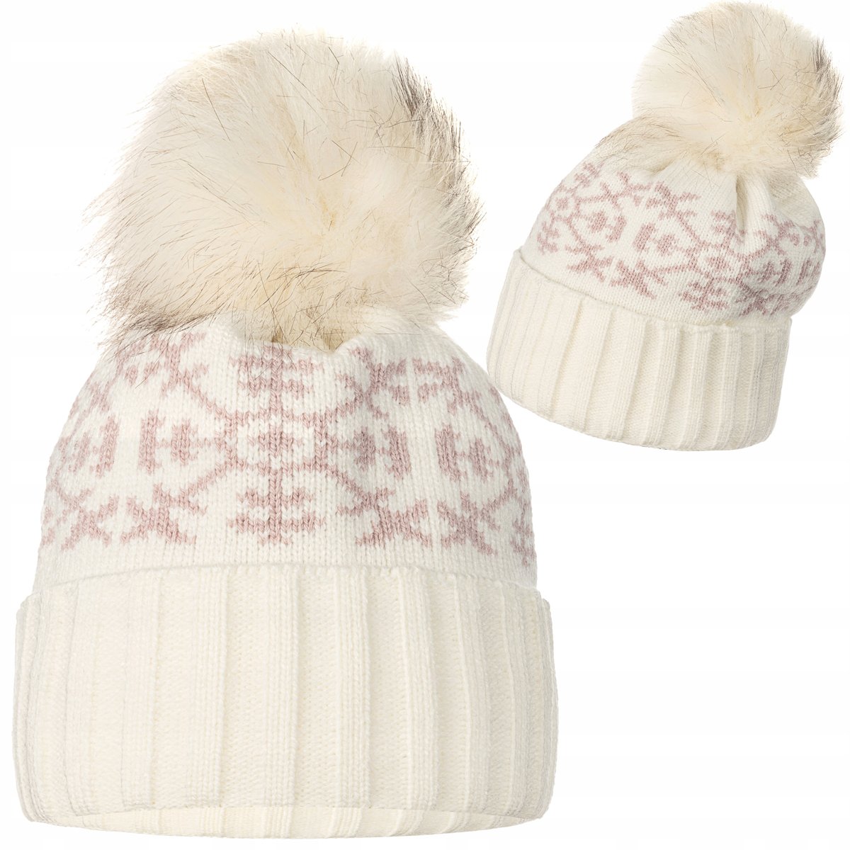 Ecru Damska Czapka Zimowa Z Pomponem Różowe Śnieżynki Wywijana Majka