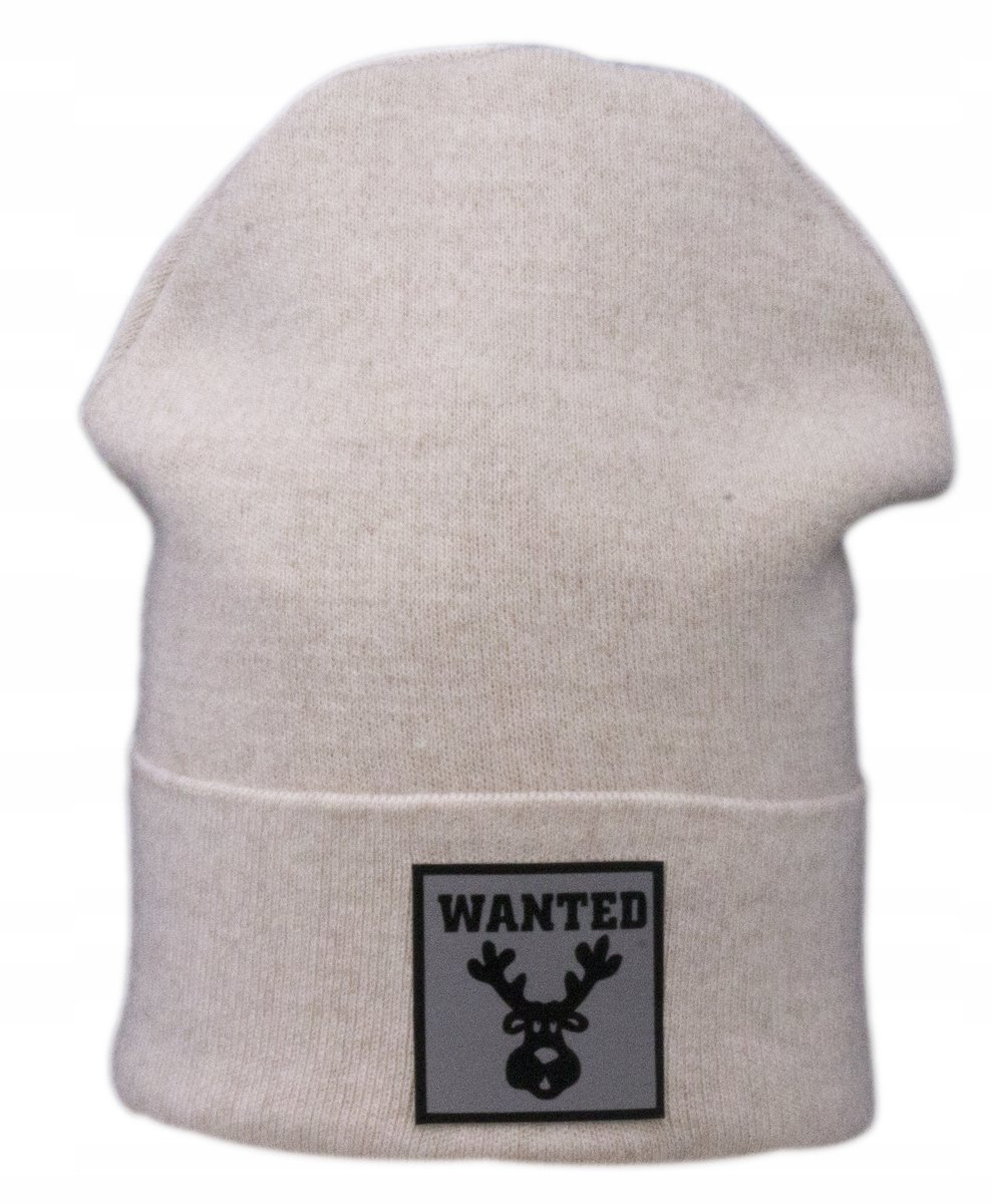 Czapka Damska Zimowa Jesienna Smerfetka Ozdobna Naszywka Beż Beżowa