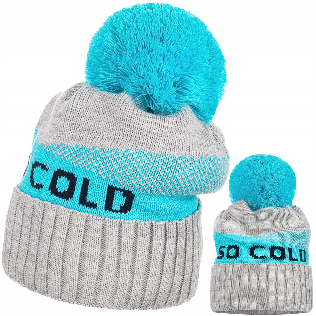 Czapka Damska Kobieca So Cold We Wzór Z Pomponem Szary Niebieski