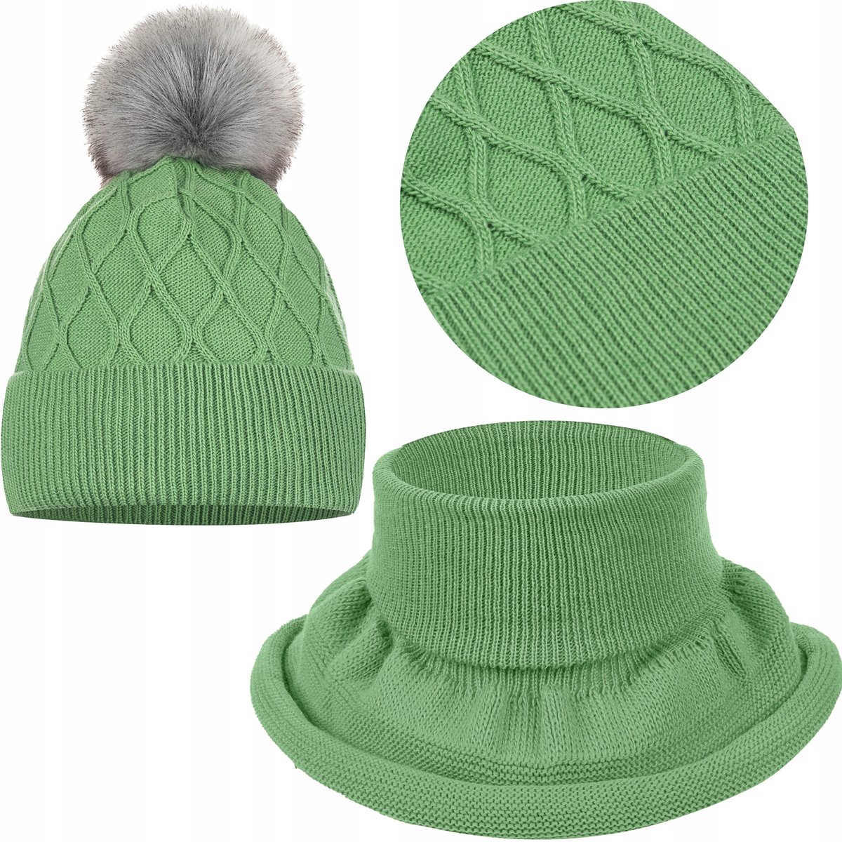 KOMPLET DZIECIĘCY ZIMOWY CIEPŁY Z POLAR JESIEŃ CZAPKA KOMIN 42/48 ZIELONY