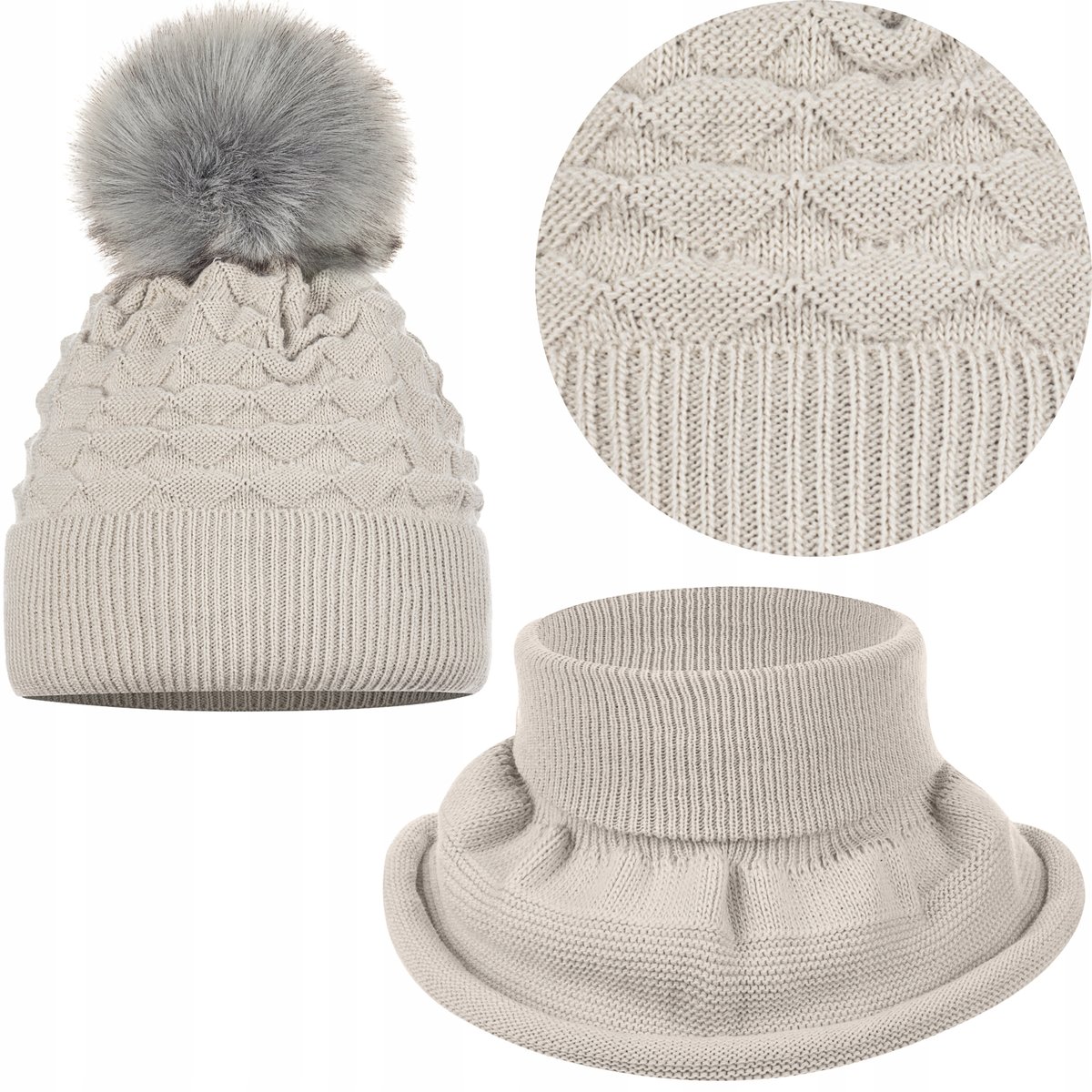 KOMPLET DZIECIĘCY ZIMOWY CIEPŁY POLAR JESIEŃ CZAPKA KOMIN 44/50 BEŻ BEŻOWY