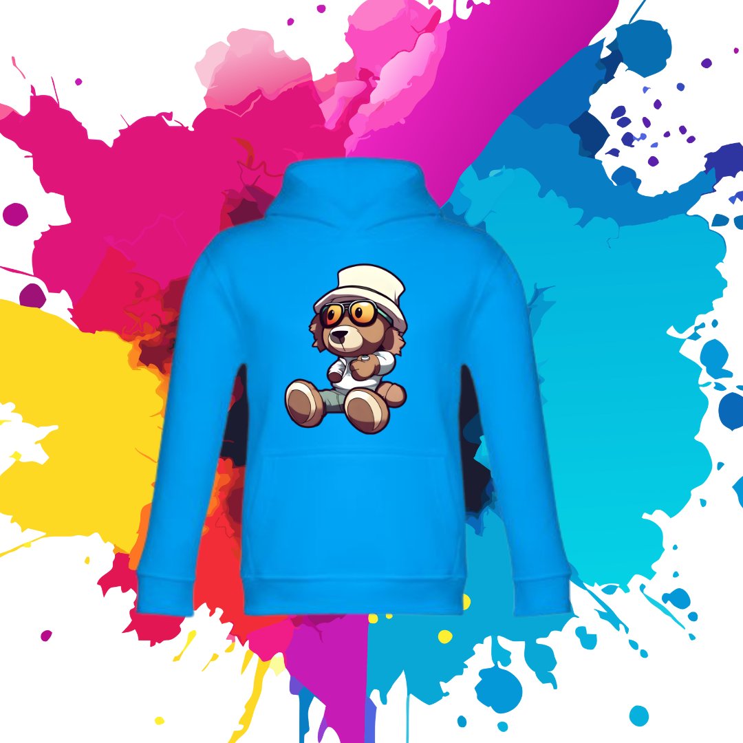 Bluza dziecięca typu kangurka z kapturem w kolorze błękitnym z nadrukiem miś Tadzio 8 lat