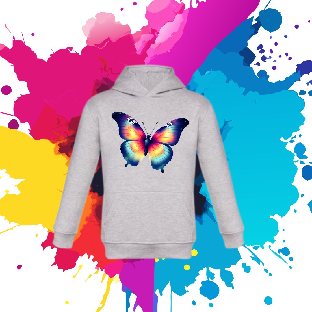Bluza dziecięca typu kangurka z kapturem w kolorze jasnoszarym z nadrukiem motylek 10 lat