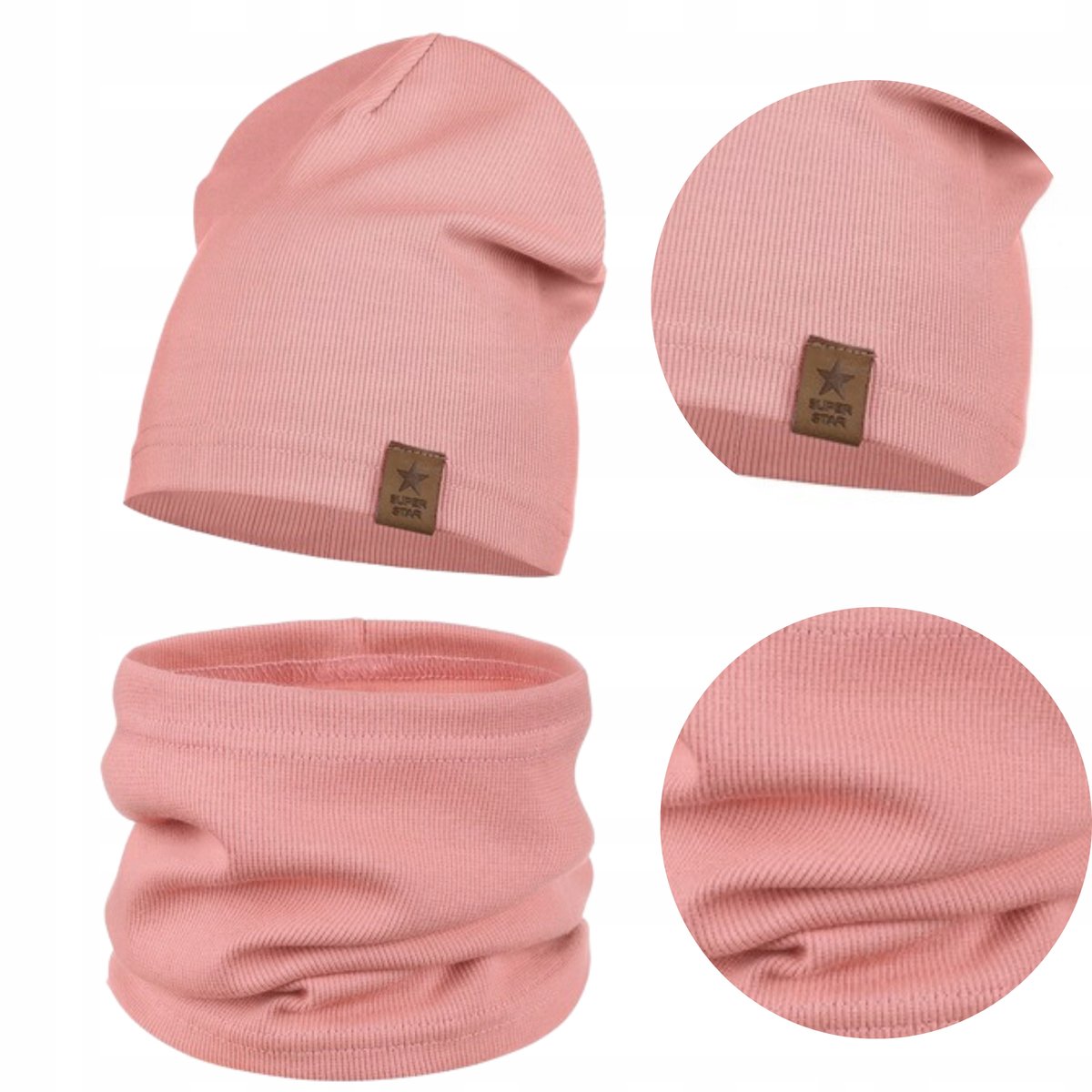KOMPLET DZIECIĘCY BAWEŁNIANY CZAPKA KOMIN NA JESIEŃ ZIMĘ JASNY RÓŻOWY 40-46