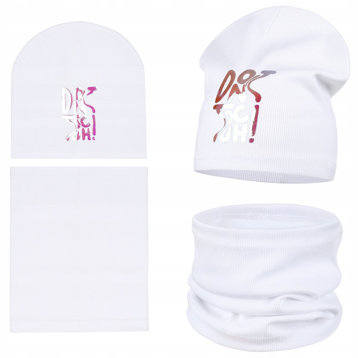 CZAPKA KOMIN TUBA KOMPLET DZIEWCZĘCY JESIENNY BŁYSZCZĄCY NAPIS 40/46 BIAŁY