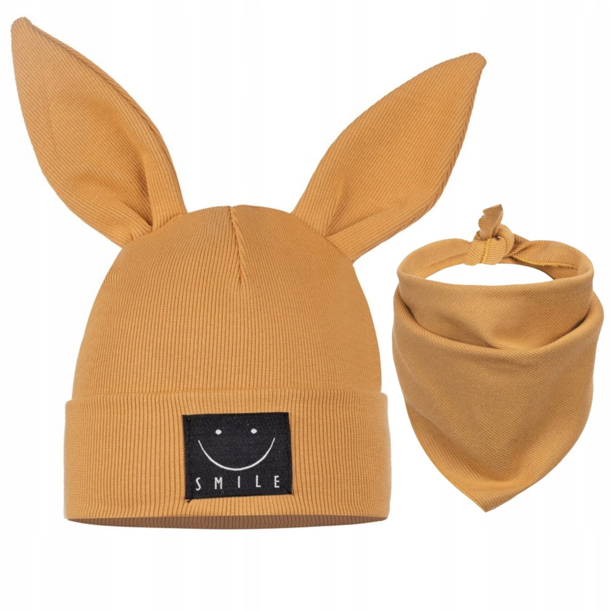 Komplet dziecięcy CZAPKA + CHUSTKA ŻÓŁTY 44-48 BAWEŁNA 95% USZY KRÓLIKA