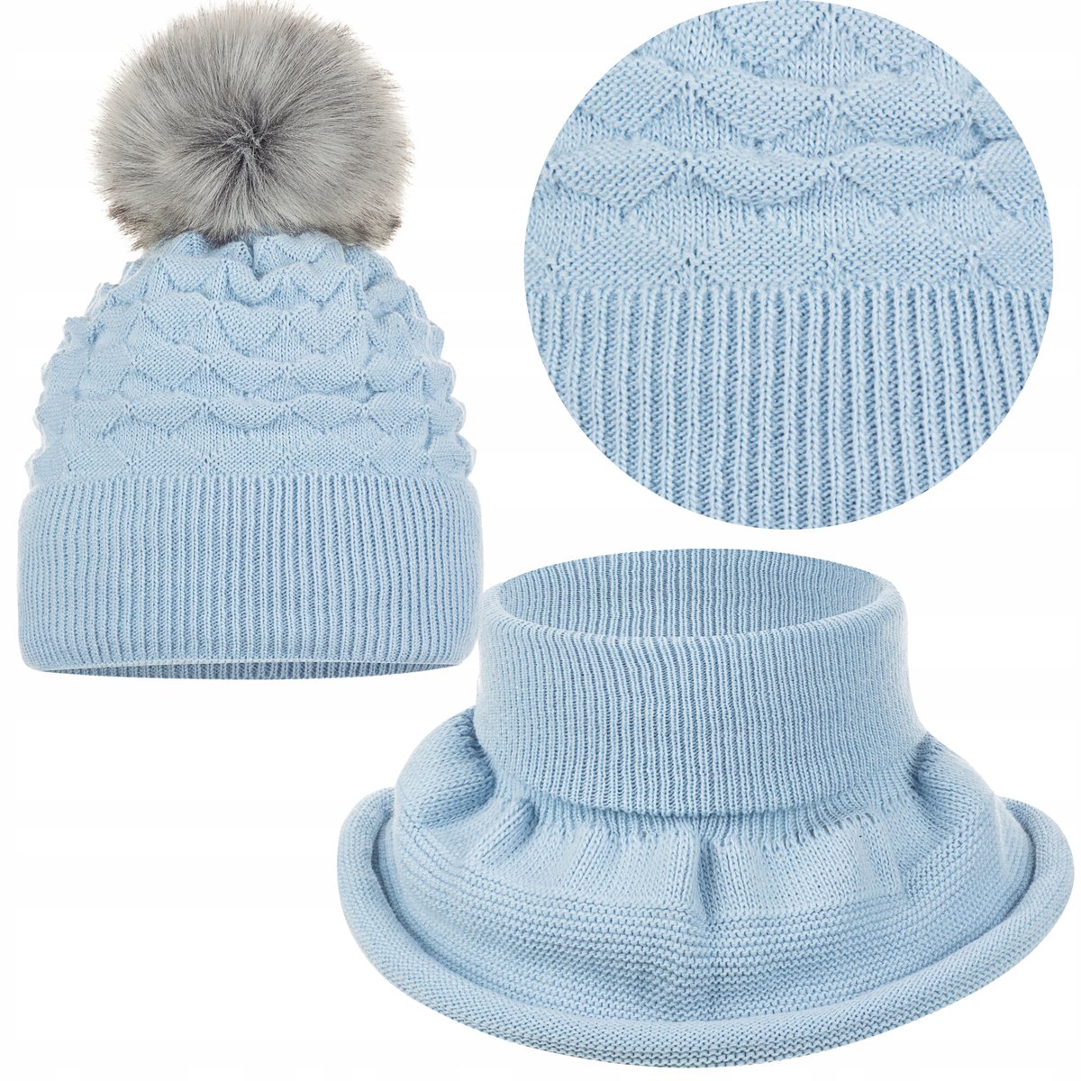 KOMPLET DZIECIĘCY ZIMOWY CIEPŁY POLAR JESIEŃ CZAPKA KOMIN 44/50 BŁĘKITNY