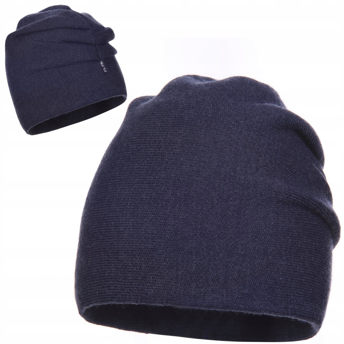 Czapka Damska 10% Wełny Ciepła Bez Wzoru Zimowa Jesienna Niebieska Jeans