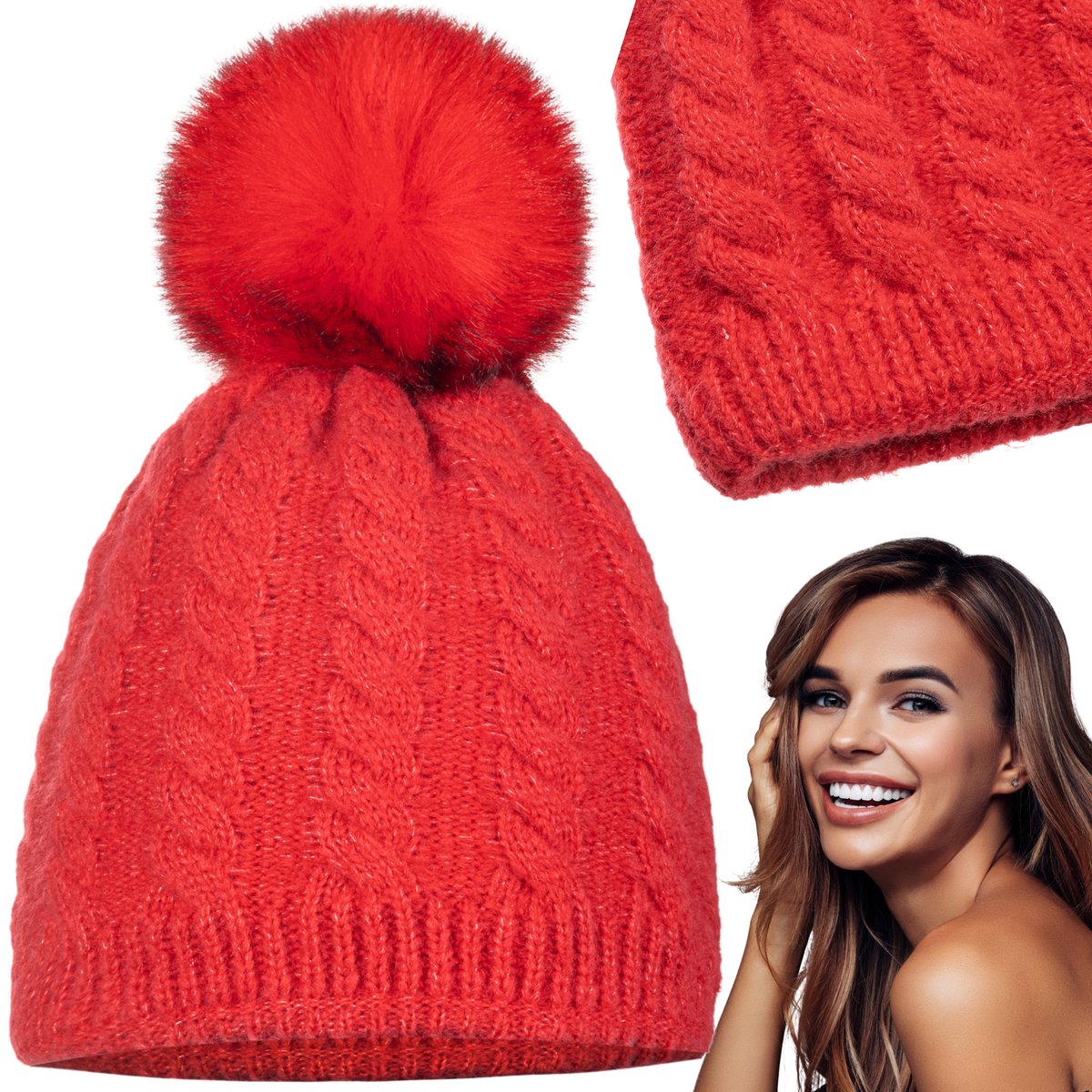 Czapka Damska Zimowa Kobieca Beanie Jesienna Zimowa Majka Czerwona