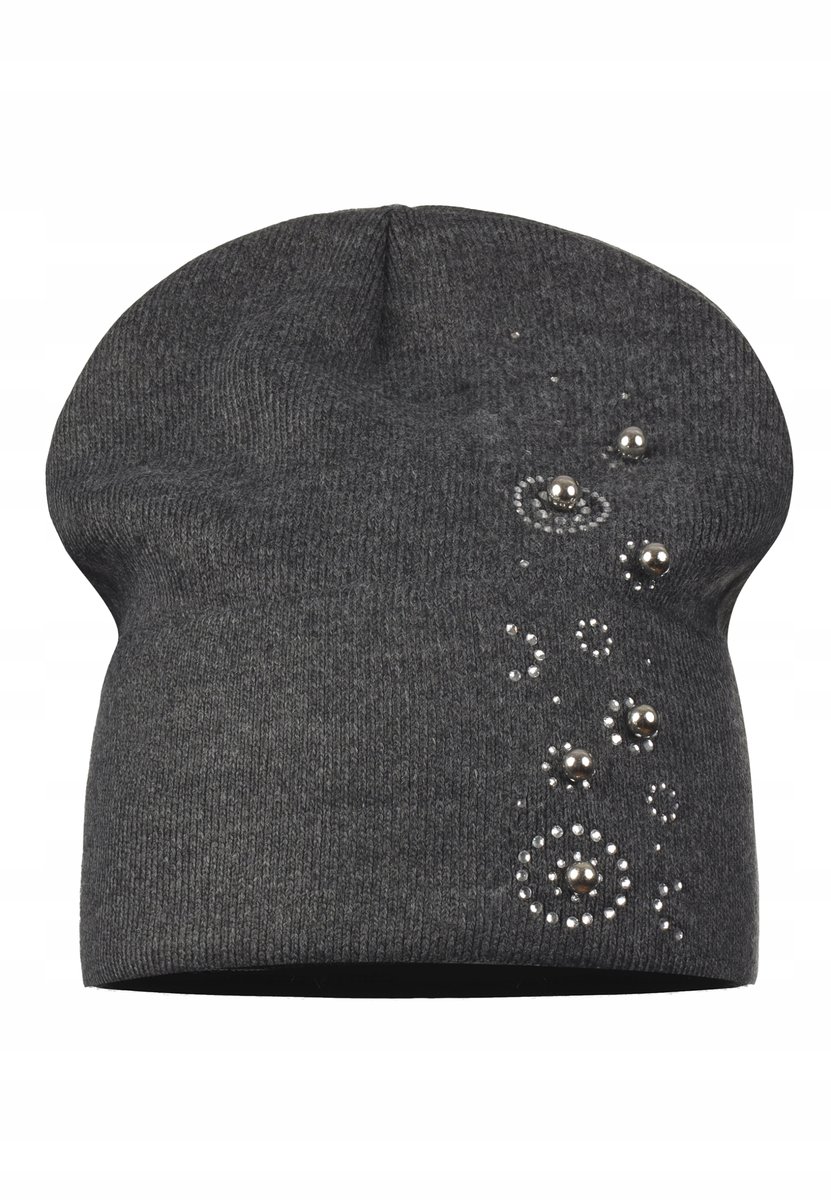 Damska Czapka Wywijana Beanie Jesienna Zimowa Na Zimę Zdobiona Grafitowa