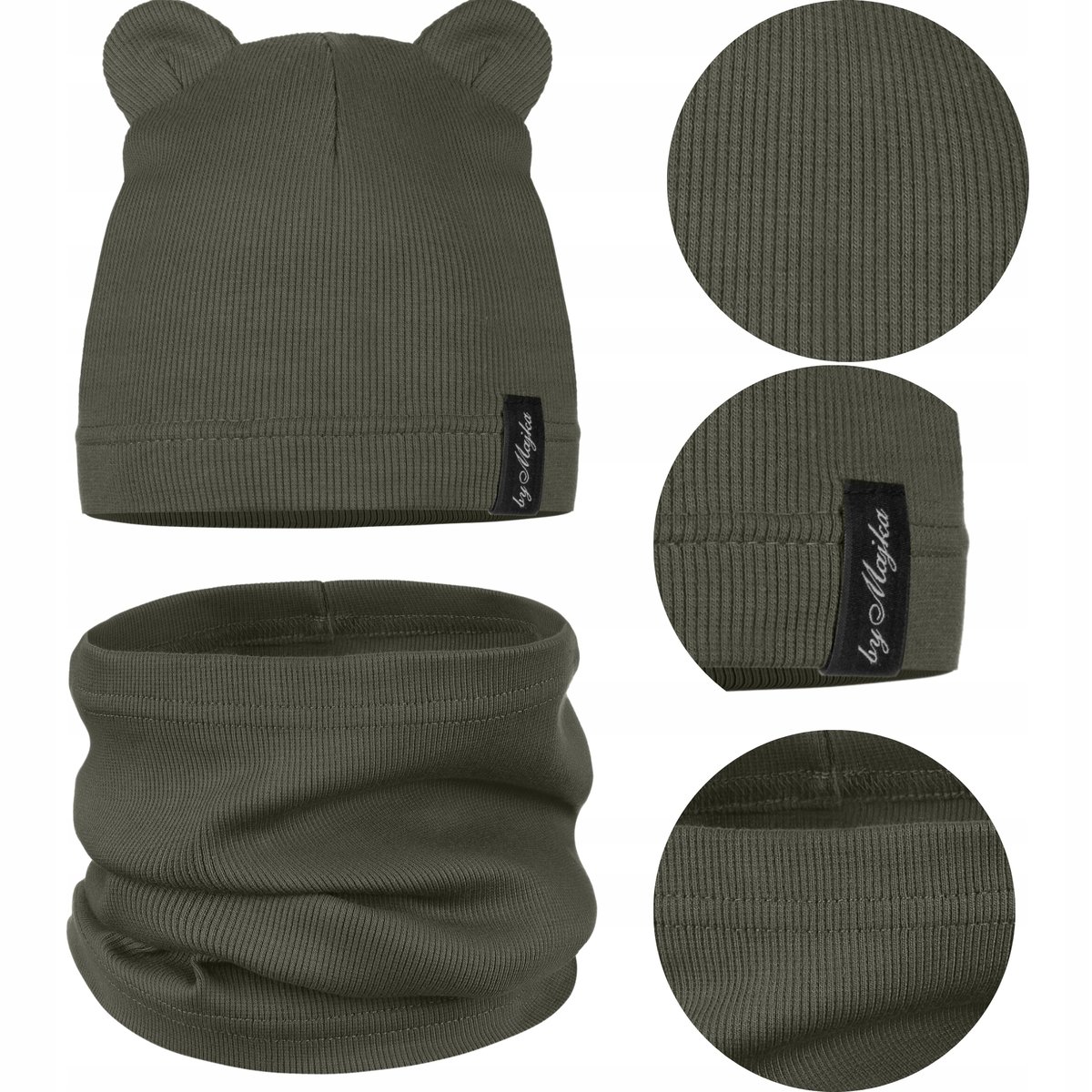 CZAPKA + KOMIN komplet DZIECIĘCY z USZKAMI JESIEŃ JESIENNY 42-46 OLIWKA