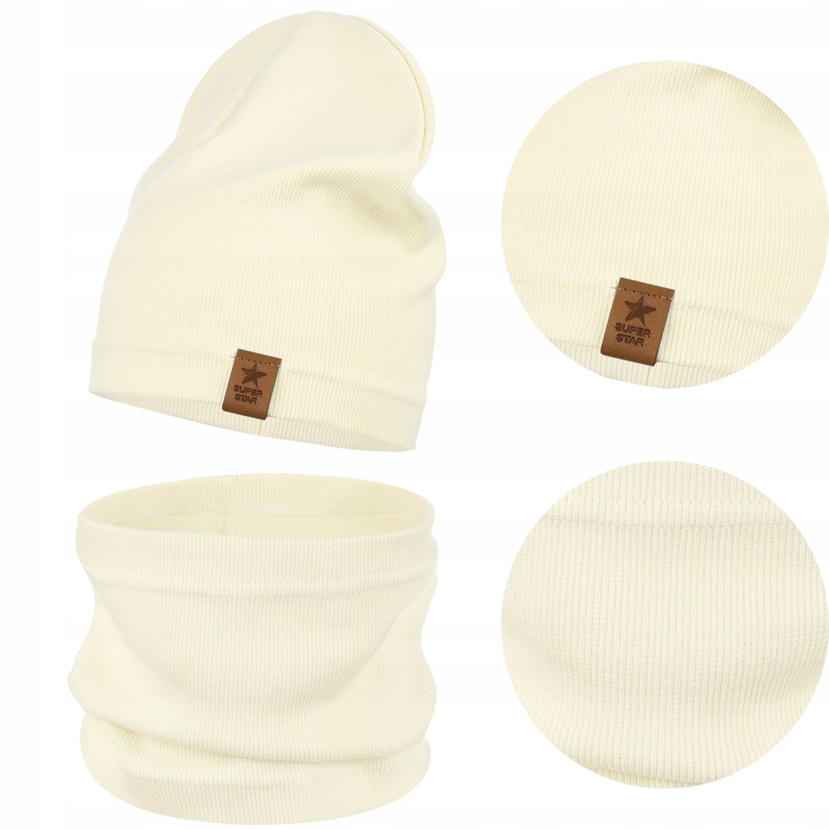 KOMPLET DZIECIĘCY BAWEŁNIANY CZAPKA KOMIN NA JESIEŃ ZIMĘ ECRU 40-46
