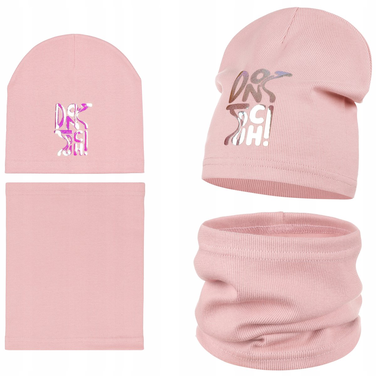 CZAPKA KOMIN TUBA KOMPLET DZIEWCZĘCY JESIENNY BŁYSZCZĄCY NAPIS 48/52 RÓŻ