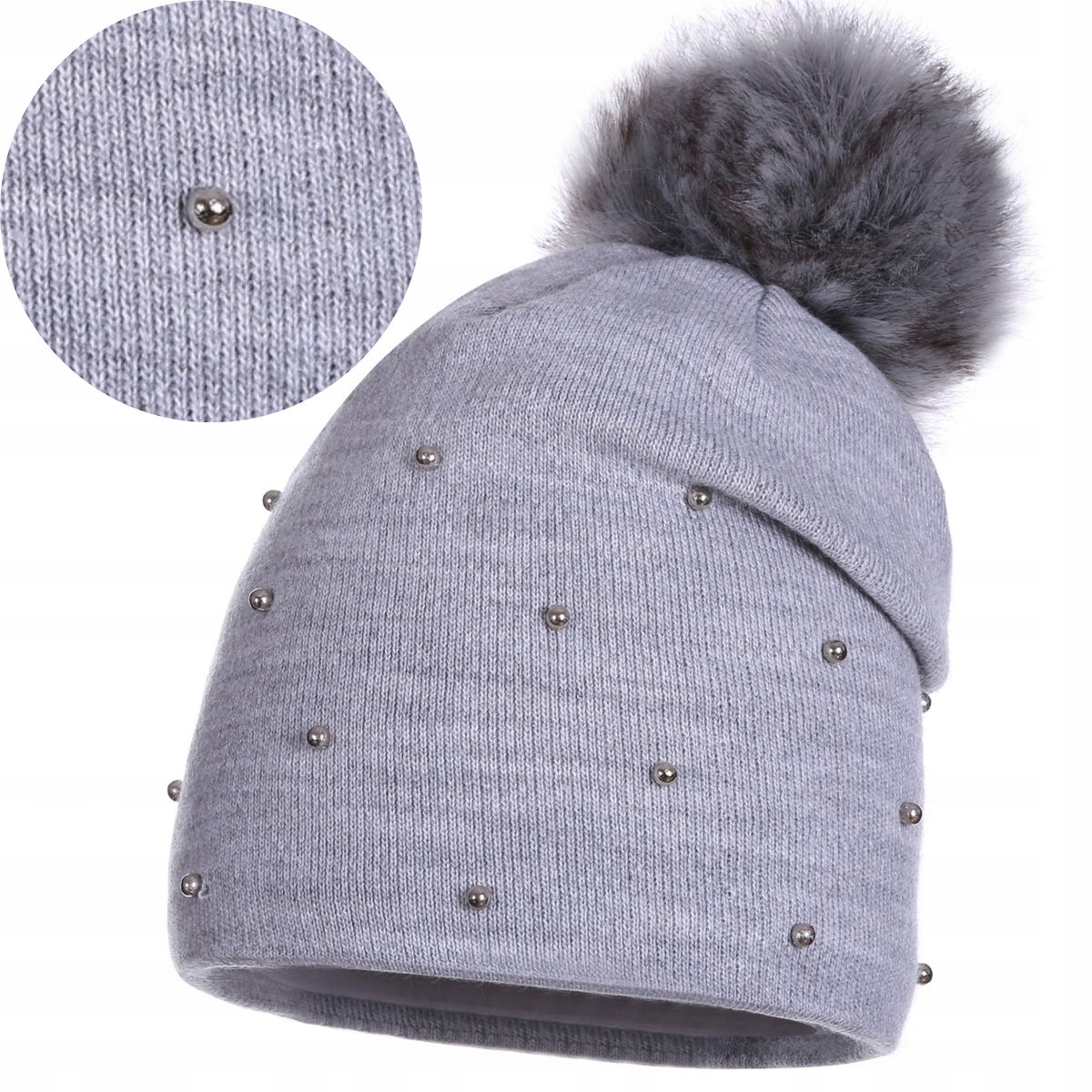 Ciepła Czapka Damska Zimowa Z Pomponem Ozdobne Perełki Szara Majka