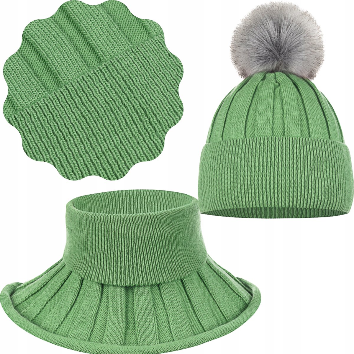 KOMPLET DZIECIĘCY ZIMOWY CIEPŁY POLAR JESIEŃ CZAPKA GOLFIK 44/50 ZIELONY