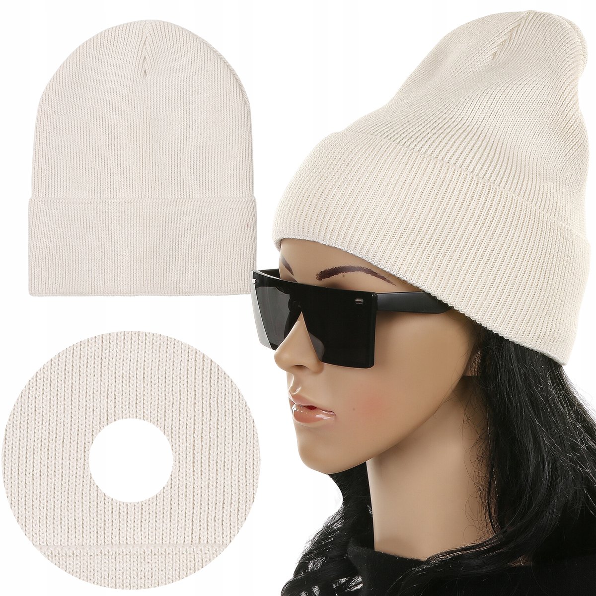 Czapka Damska Kobieca Beanie Wywijana Na Jesień Zimę Ciepła Beż Beżowy