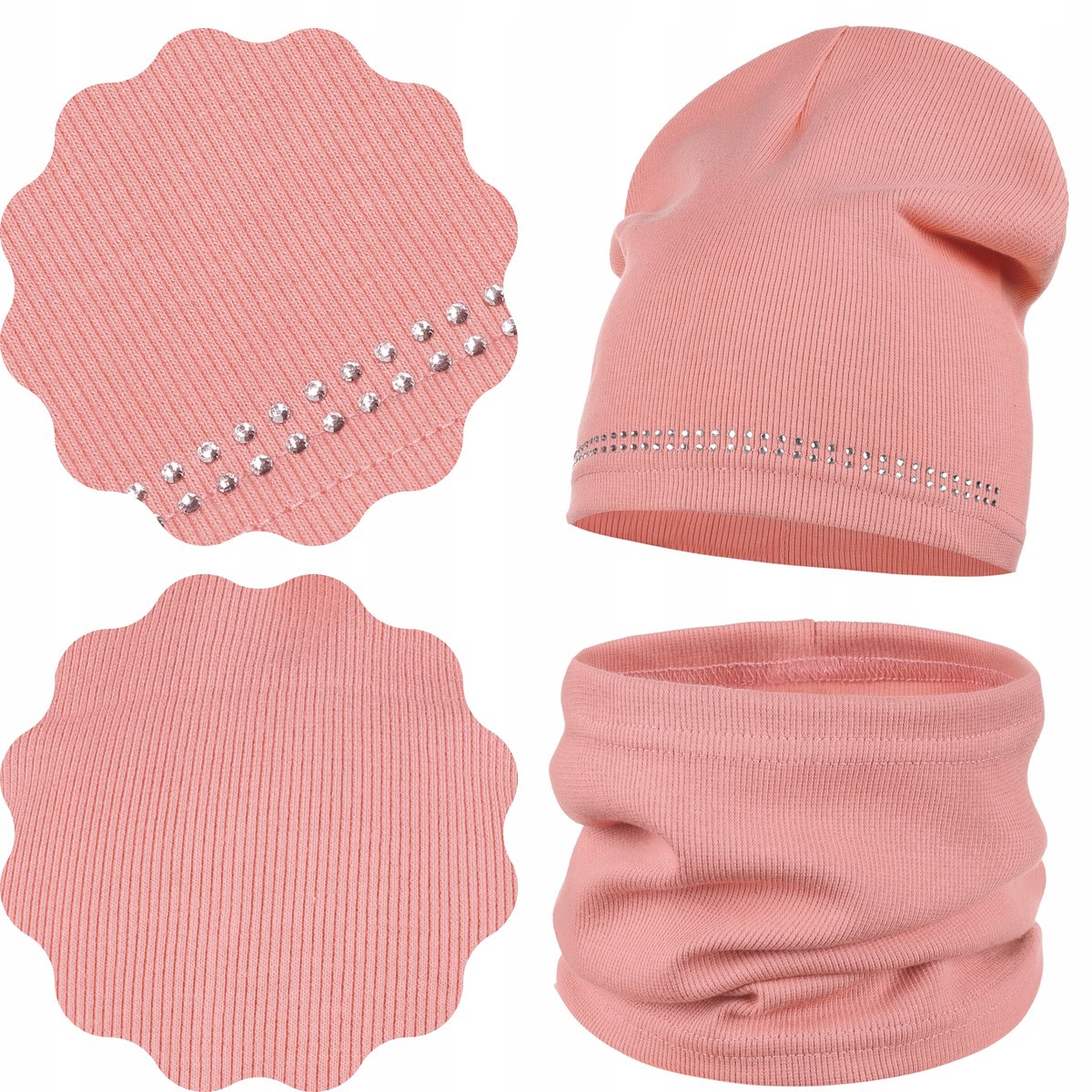 MAJKA KOMPLET DZIEWCZĘCY CZAPKA BEANIE + KOMIN 48/52 DŻETY RÓŻ RÓŻOWY