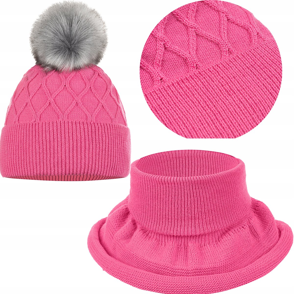 KOMPLET DZIECIĘCY ZIMOWY CIEPŁY POLAR JESIEŃ CZAPKA KOMIN 42/48 FUKSJA RÓŻ