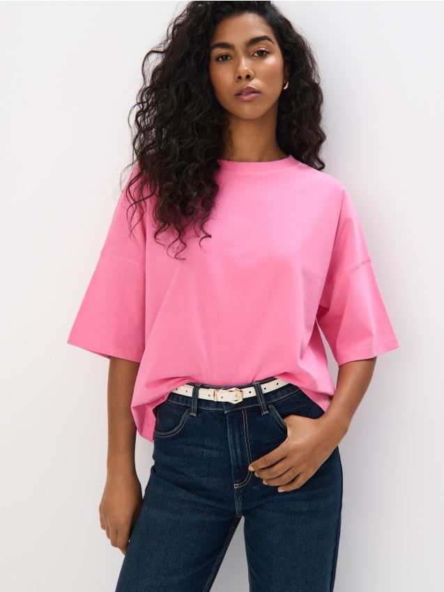 Mohito - Bawełniany różowy t-shirt - pastelowy różowy