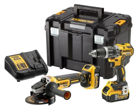 DEWALT Zestaw Wiertarko-wkrętarka DCD796 + szlifierka DCG405 + 2x 5.0Ah, DCK2080P2T