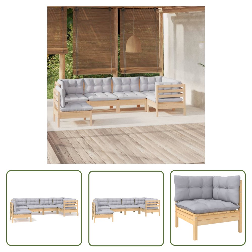 The Living Store 6-cz. zestaw wypoczynkowy do ogrodu - szare poduszki - sosna - Zestaw Wypoczynkowy Do Ogrodu