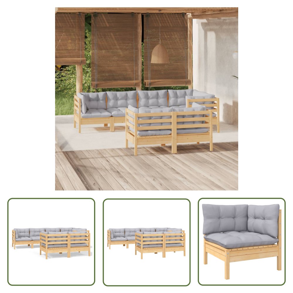 The Living Store 7-cz. zestaw wypoczynkowy do ogrodu - szare poduszki - sosna - Zestaw Wypoczynkowy Do Ogrodu