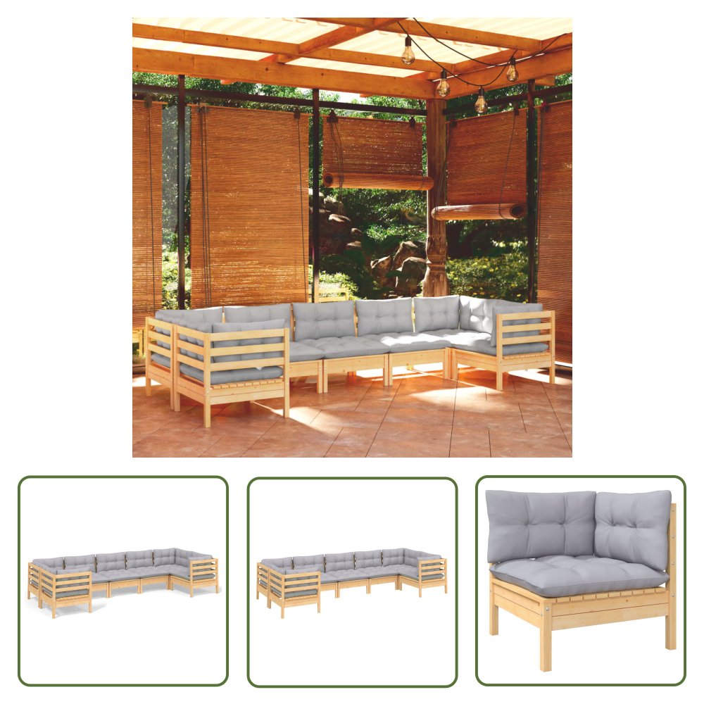 The Living Store 7-cz. zestaw wypoczynkowy do ogrodu - szare poduszki - sosnowy - Zestaw Wypoczynkowy Do Ogrodu
