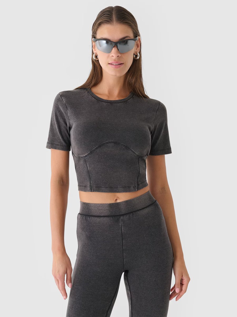 Crop top slim gładki damski 4F 4FRAW24TTSHF2581-20S Czarny