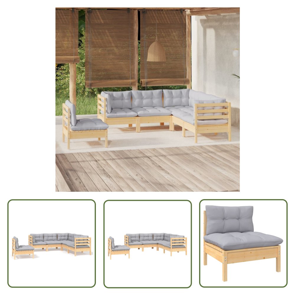 The Living Store 5-cz. zestaw wypoczynkowy do ogrodu - szare poduszki - sosna - Zestaw Wypoczynkowy Do Ogrodu