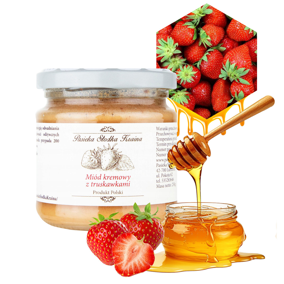 MIÓD NATURALNY KREMOWANY Z TRUSKAWKĄ NEKTAROWY PASIEKA SŁODKA KRAINA 250G