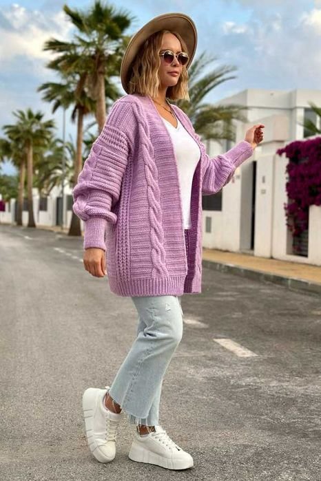 Kardigan z warkoczowym splotem - lila One size