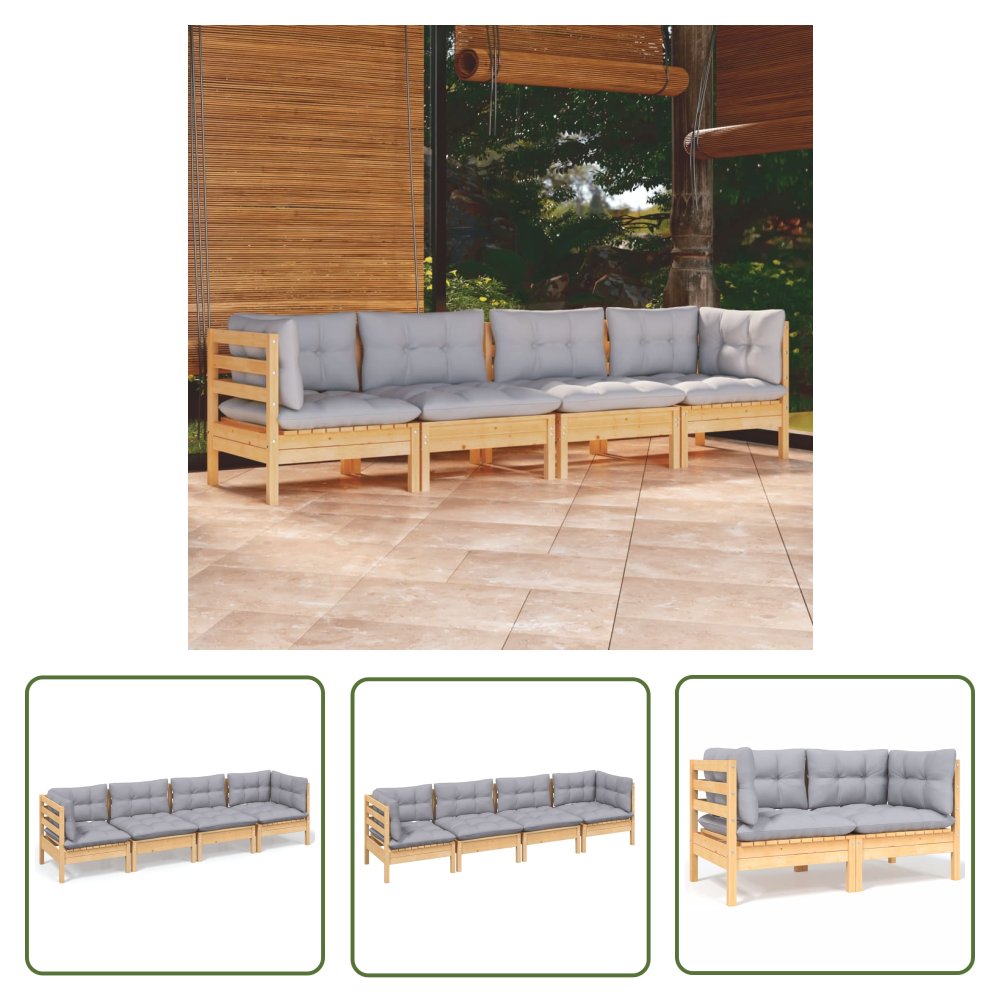 The Living Store 4-cz. zestaw wypoczynkowy do ogrodu - szare poduszki - sosna - Zestaw Wypoczynkowy Do Ogrodu