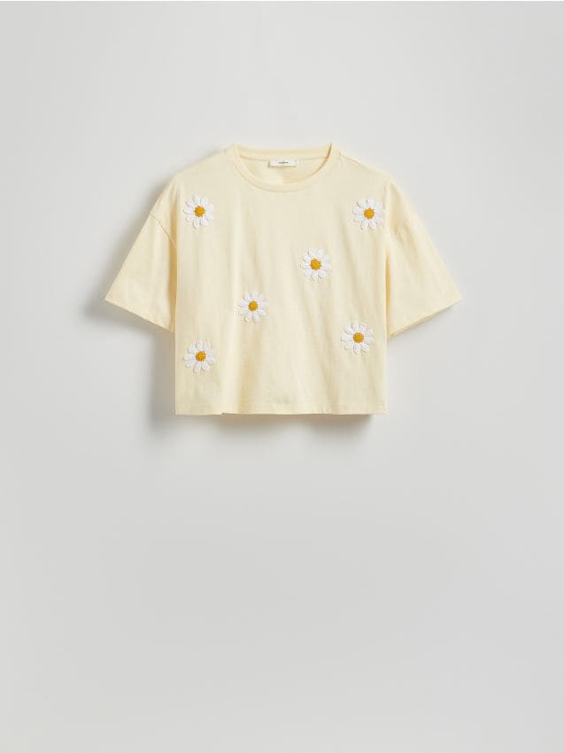 Reserved - Krótki t-shirt z haftem - jasnożółty