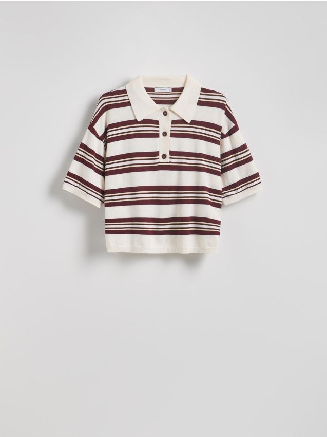 Reserved - Sweter polo w paski - kremowy
