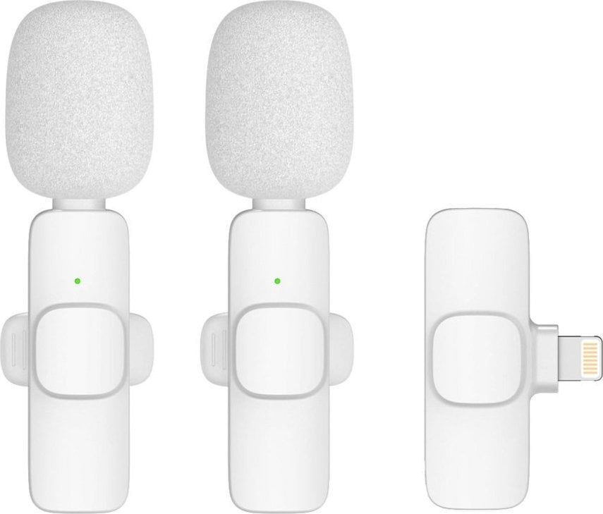 Mikrofon krawatowy bezprzewodowy Lightning podwójny z długim włosiem 2 w zestawie K1 biały