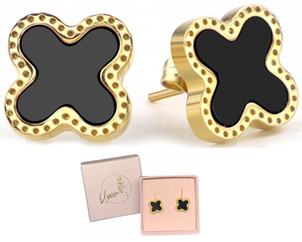 Złote kolczyki stał chirurgiczna, nierdzewna czarna koniczynka + pudełko