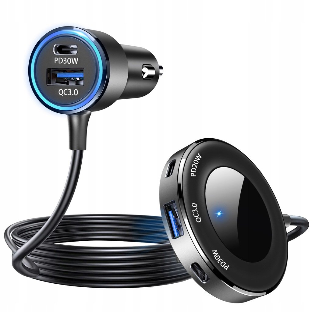 SZYBKA ŁADOWARKA SAMOCHODOWA – 5W1 – 3 X USB C + 2 X USB – 98W – KABEL 1.5M